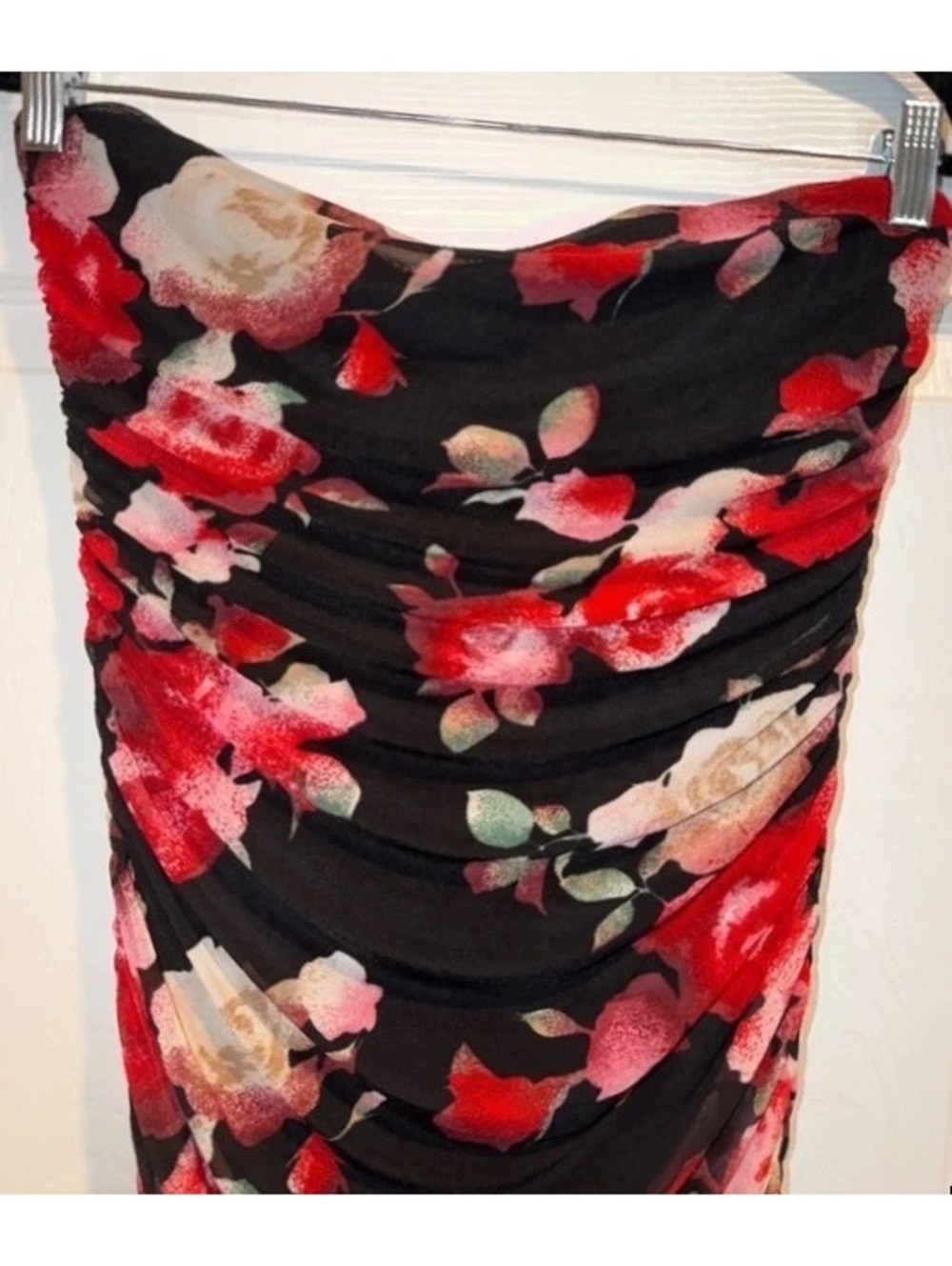 Thirty Thirty Black Floral Strapless Ruched Bodycon Midi Dress Size XL